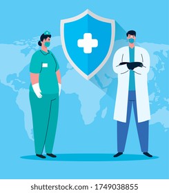 female and male nurse and doctor with uniforms and masks design of Coronavirus 2019 nCov workers theme Vector illustration