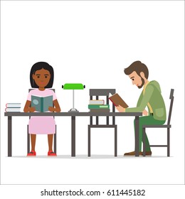 Female and male people sitting at table with green lamp and piles of volumes read books. Process of getting to know some information from paper editions. Vector illustration of reading youth