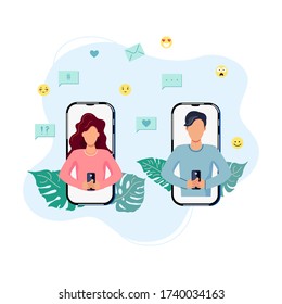 Female and male person are chatting on smartphones. Online dating concept. Flat cartoon design vector illustration.