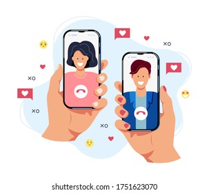 Female and male persons are chatting on smartphones. Online dating concept. Flat cartoon design vector illustration.