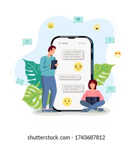 Female and male persons are chatting. Online dating concept. Flat cartoon design vector illustration.