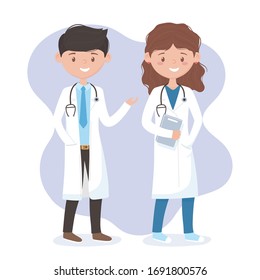 female and male physician with uniform and stethoscope medical staff professional practitioner cartoon character vector illustration