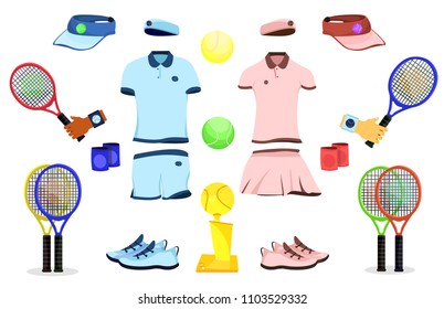 Female male player tennis set. Flat cartoons vector illustration icons. Isolated on white. Girl, man tennis gear. Tennis equipments, accessories for woman and man: wear, cap, shoes, cup, racket, ball.