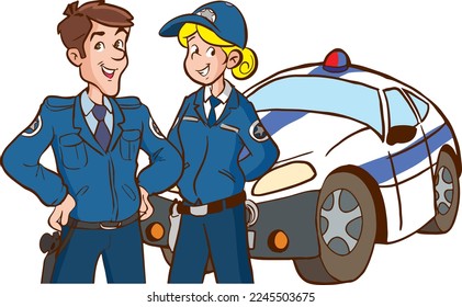 female and male police officer and police car cartoon vector illustration