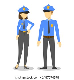 Female and male police officer couple. Crime and law, professional in uniform. Policeman, occupation of protection. Vector isolated character.