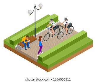 A female and a male police officer on bicycle patrols the streets. Isometric Policeman riding a bicycle.