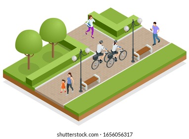A female and a male police officer on bicycle patrols the streets. Isometric Policeman riding a bicycle.