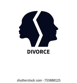 Female and male profiles of faces turned in different directions. Symbol of strife, divorce, conflict. Icon of therapist. Black silhouettes of heads men and women. Vector illustration.