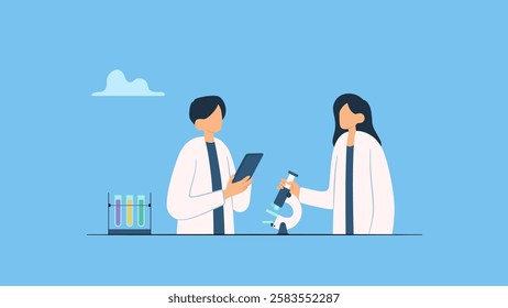 Female and male scientist test tube use microscope in laboratory.