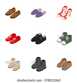 Female and male shoes icons set. Isometric 3d illustration of 9 female and male shoes vector icons for web