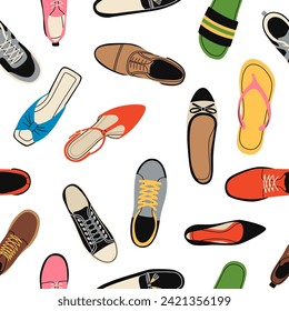 Patrón sin fisuras de zapatos hombres y mujeres. Hay diferentes tipos de calzado moderno, botas, zapatillas, bombas, chanclas. Decoración textil, envolvimiento de papel, diseño de papel pintado. Fondo vectorial de mareo