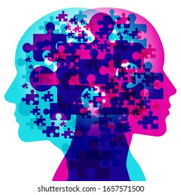 A female and male side silhouette positioned face to face overlaid with various semi-transparent Jigsaw pieces. Each Jigsaw piece represents the puzzles of the mind.