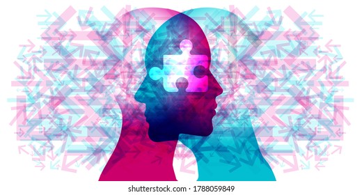 A female and male side silhouette positioned face to face overlaid with various semi-transparent pointing arrows. A white semi-transparent jigsaw piece is placed centred across the 2 side profiles.