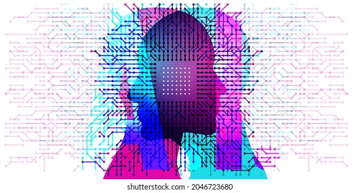 A female and male side silhouette positioned face to face overlaid with semi-transparent computer circuit board details and pattens. Positioned across the composition centre are the letters “A.I.”