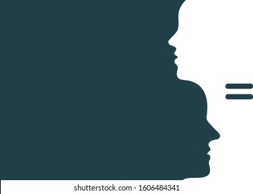 Female and male silhouettes with equality sign. Copy space vector illustration. Gender equality background for article, banner, card, poster, design. 