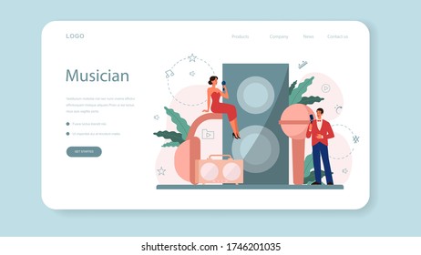 Female and male singer web banner or landing page. Performer singing with microphone. Music show, sound performance. Vector illustration in flat style
