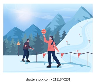 Female And Male Ski Resort Rescuers Closing Up A Skiing Or Snowboarding Track. Winter Extreme Sport Activities. Idea Of Safety And Accident Prevention. Flat Vector Illustration