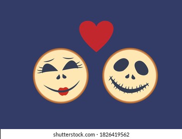 Female and male skulls. Food for Halloween. Romantic illustration