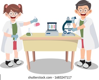 Female and male student learn chemist with full set equipment for lab trial
