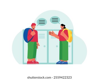 female and male students are chatting in front of their lockers, they are talking about the day's lesson.
design, vector, illustration