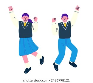 Female and male students in uniform jumping