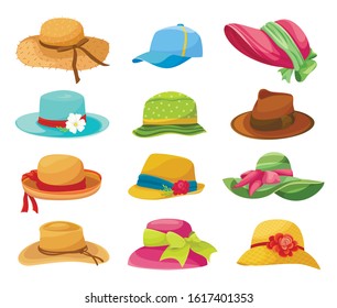 Female and male summer hats flat vector illustrations set. Stylish headwear, fashionable headdresses for men and women. Sun and heat protection accessories isolated on white background