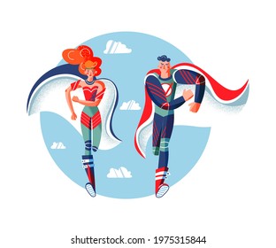 Female And Male Superheroes In Costumes Running. Super Characters With Capes Vector Illustration. Cartoon Comic Book Woman And Man On Blue Sky Background. Brave Girl And Boy Hurrying To Save People.