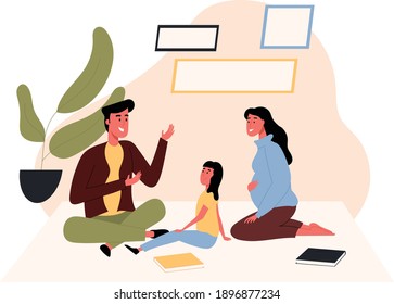 Female and male talking with a child sitting on the floor. Flat design illustration. Vector