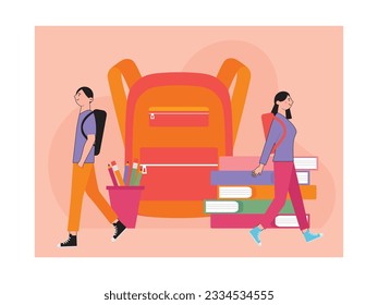 Female and male teenage students walking to class with bags, with pencil, case and book. Character design. Vector flat illustration