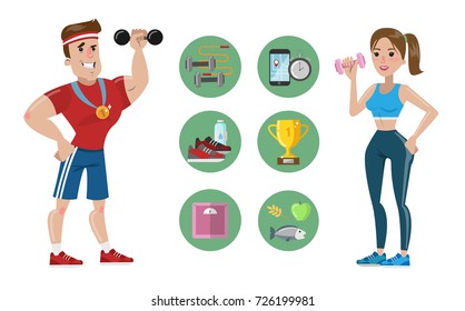 Female and male trainers with dumbbells. Healthy eating, runnung and winning. Online trainer.