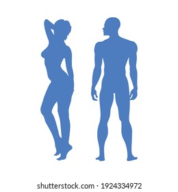 Female And Male Vector Illustration Silhouettes In Full Growth In Blue Color. Adult Athletic Human Body. Anatomy, Medicine, Psychology, Sports.