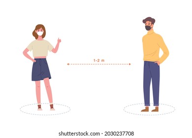 female and male wearing protective mask and keep distancing 1-2 meter away from each other to prevent COVID-19 epidemic. Concept of social distancing, new normal lifestyle. Flat vector illustration.