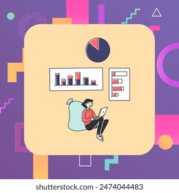 Female manager analyzing graphs and diagrams. Girl with laptop flat vector illustration with charts on background. Business, financial report, marketing concept for banner, web design, landing page