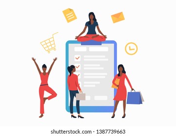 Female manager, athlete, shopper at pc tablet. Online shopping, search, application. Online service concept. Vector illustration can be used for topics like business, internet, service