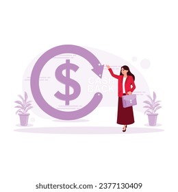 Gerente femenino llevando una cartera de documentos. Toque el símbolo de la devolución del dinero. Concepto de devolución de efectivo. Ilustración plana vectorial moderna de tendencia