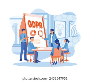 The female manager explains new data protection regulations in the office to the employees. General rules for data protection GDPR concept. flat vector modern illustration