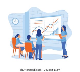 Female manager holding business meetings with employees. Displays graphs and financial reports. Business Meeting concept. Flat vector illustration.