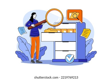 Female manager holding a magnifying glass and looking for documents in the cabinet