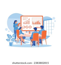 Female manager holding a meeting with a team of economists. Analyze growth charts, statistics, and data. Growth Analysis Concept. trend modern vector flat illustration