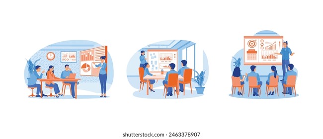 Female manager leads meeting with employees. Give presentations at business seminars. Speaking in front of an audience. Business seminar concept. Set flat vector illustration.