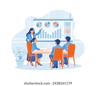  The female manager leads meetings for the marketing team. Display the business growth graph on the projector screen. Business Meeting concept. Flat vector illustration.