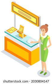 Female manager offers to buy product from company at exhibition. Stand and showcase for trade with advertising brochures, presentation modern color goods for buyers. Character with badge shows books