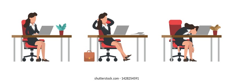 Female manager in office suit sitting at desk typing at laptop, relaxing after work in crossed legs pose, lying down at table as result of overwork. Flat modern vector illustration isolated.