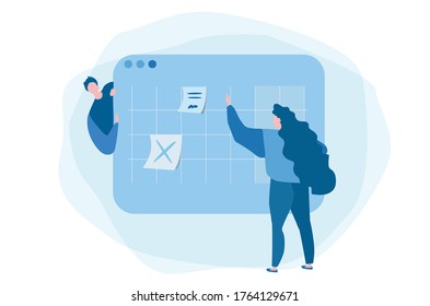 Female manager planning a project in a digital calendar, Vector illustration for web banner, infographics, mobile.  Organising working process .