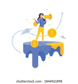 Female manager promoting financial service vector illustration. Cartoon woman character with loudspeaker standing on chart and talking about professional financial growth and profits while working