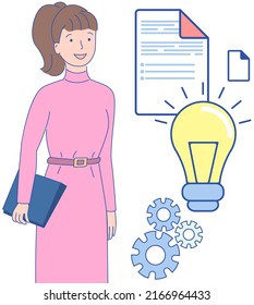 Female manager searching for solutions with creative idea, strategy planning, project creation symbol. Light bulb as idea of new project sign. Brainstorming, working with startup development concept