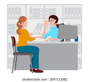 Female manager is sitting at a table. Woman is sitting on a chair. The girl communicates with the supervisor. Discussion between the boss and the subordinate. Vector illustration in flat style