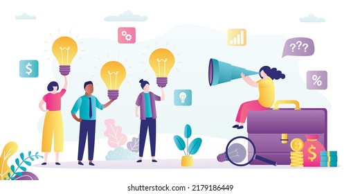 Female manager with spyglass chooses best project to sponsor. Venture fund looking for new creative ideas to invest in them. Concept of business agreements and cooperation. Flat vector illustration