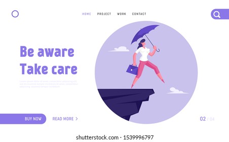Female Manager Try Avoid Dangerous Situation Website Landing Page. Confident Businesswoman with Purple Umbrella and Briefcase in Hand Step into Abyss Web Page Banner. Cartoon Flat Vector Illustration