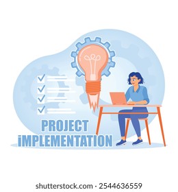 Gerente mujer trabajando en la computadora portátil. Consulta las ofertas de empleo y desarrolla ideas de negocio. Concepto de implementación del proyecto. Ilustración vectorial plana.